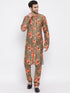 Vastramay Men's Orange Twill Jacket, Printed Kurta and Pyjama Set